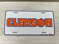 White CLEMSON w/ Paw Metal License Plate