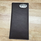 Brown Leather Tall Wallet with Clemson Tigers Metal Concho
